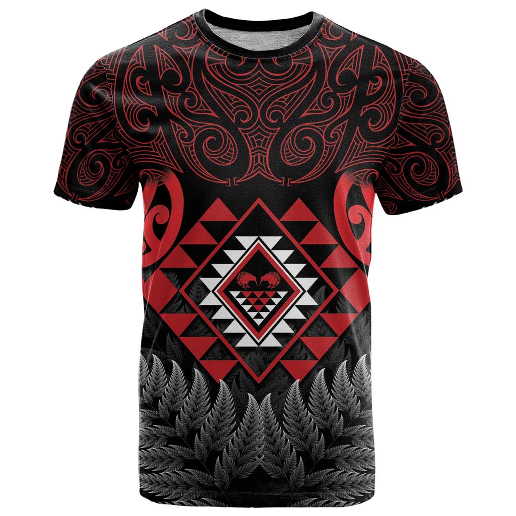 Aotearoa Kiwi Taniko T Shirt Silver Fern With Maori Koru Pattern LT14 Red - Polynesian Pride