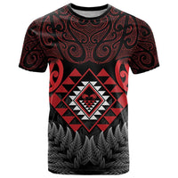 Aotearoa Kiwi Taniko T Shirt Silver Fern With Maori Koru Pattern LT14 Red - Polynesian Pride