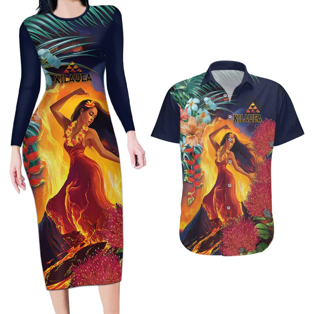 Hawaii Kilauea Big Islands Couples Matching Long Sleeve Bodycon Dress and Hawaiian Shirt Pele Goddess With Tropical Flowers LT14 Art - Polynesian Pride