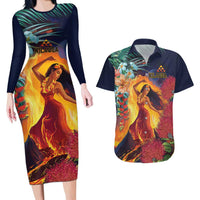 Hawaii Kilauea Big Islands Couples Matching Long Sleeve Bodycon Dress and Hawaiian Shirt Pele Goddess With Tropical Flowers LT14 Art - Polynesian Pride