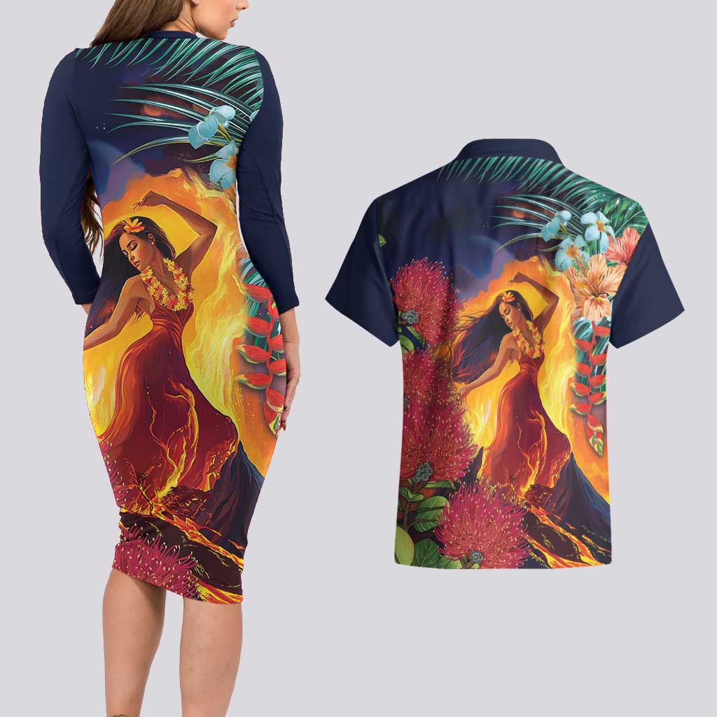 Hawaii Kilauea Big Islands Couples Matching Long Sleeve Bodycon Dress and Hawaiian Shirt Pele Goddess With Tropical Flowers LT14 - Polynesian Pride