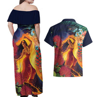 Hawaii Kilauea Big Islands Couples Matching Off Shoulder Maxi Dress and Hawaiian Shirt Pele Goddess With Tropical Flowers LT14 - Polynesian Pride