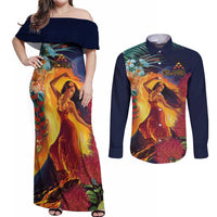 Hawaii Kilauea Big Islands Couples Matching Off Shoulder Maxi Dress and Long Sleeve Button Shirt Pele Goddess With Tropical Flowers LT14 Art - Polynesian Pride
