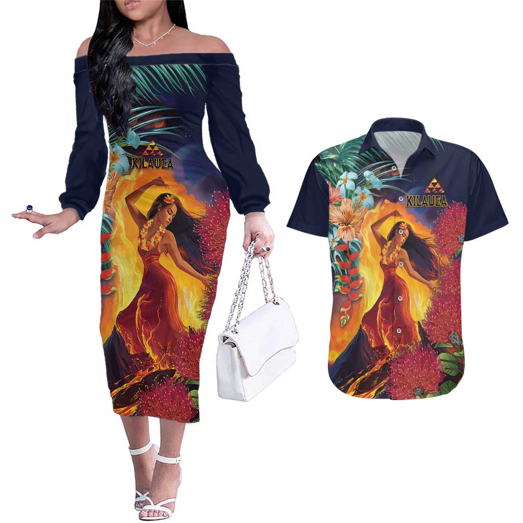 Hawaii Kilauea Big Islands Couples Matching Off The Shoulder Long Sleeve Dress and Hawaiian Shirt Pele Goddess With Tropical Flowers LT14 Art - Polynesian Pride