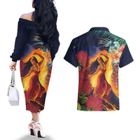 Hawaii Kilauea Big Islands Couples Matching Off The Shoulder Long Sleeve Dress and Hawaiian Shirt Pele Goddess With Tropical Flowers LT14 - Polynesian Pride
