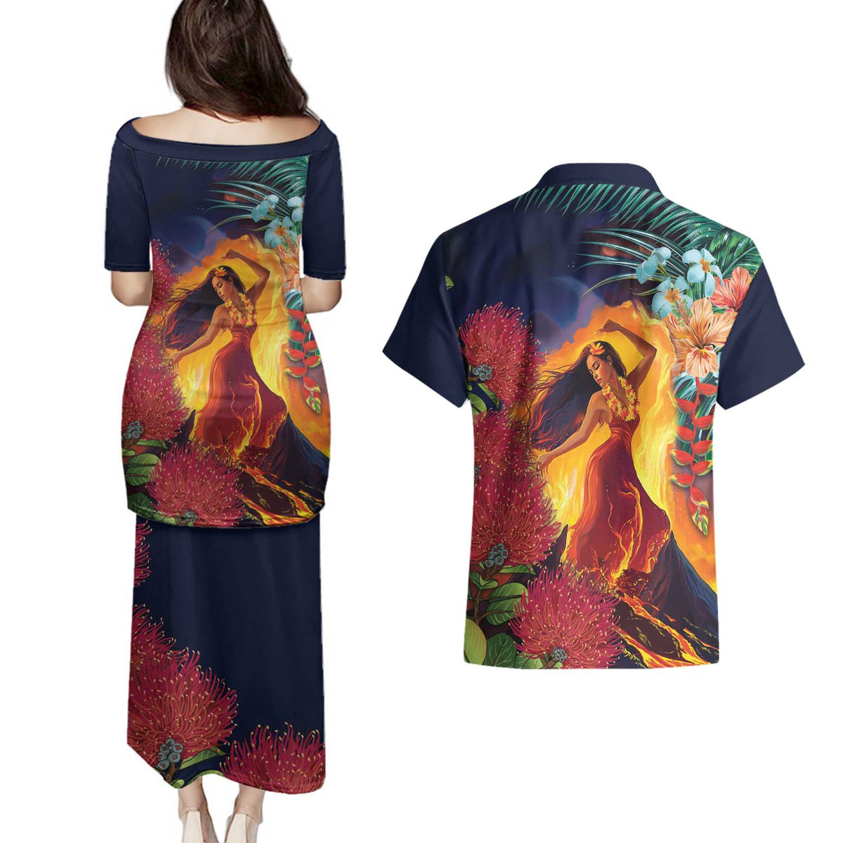 Hawaii Kilauea Big Islands Couples Matching Puletasi and Hawaiian Shirt Pele Goddess With Tropical Flowers LT14 - Polynesian Pride