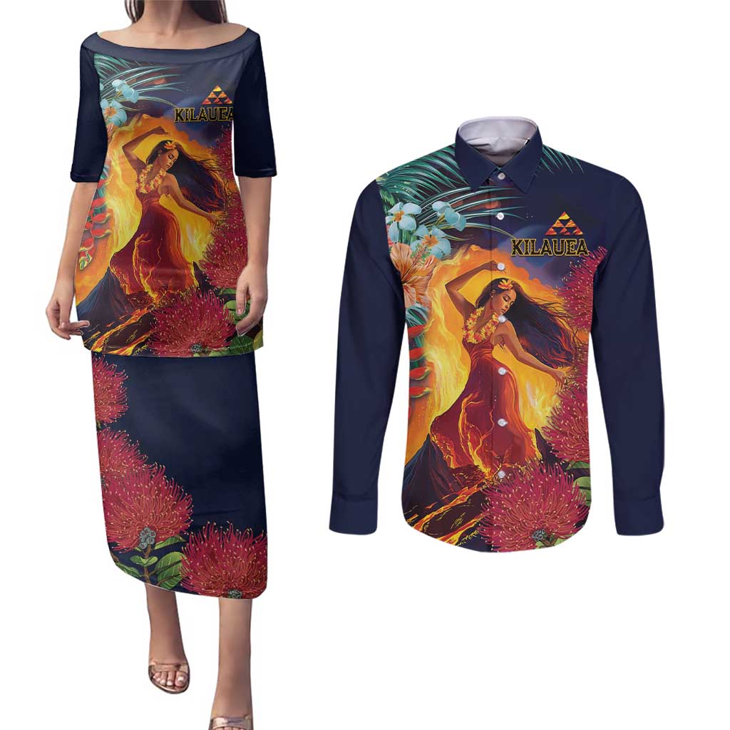 Hawaii Kilauea Big Islands Couples Matching Puletasi and Long Sleeve Button Shirt Pele Goddess With Tropical Flowers LT14 Art - Polynesian Pride