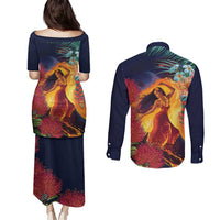 Hawaii Kilauea Big Islands Couples Matching Puletasi and Long Sleeve Button Shirt Pele Goddess With Tropical Flowers LT14 - Polynesian Pride