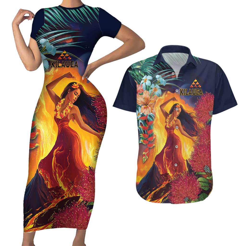 Hawaii Kilauea Big Islands Couples Matching Short Sleeve Bodycon Dress and Hawaiian Shirt Pele Goddess With Tropical Flowers LT14 Art - Polynesian Pride
