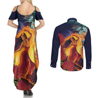 Hawaii Kilauea Big Islands Couples Matching Summer Maxi Dress and Long Sleeve Button Shirt Pele Goddess With Tropical Flowers LT14 - Polynesian Pride
