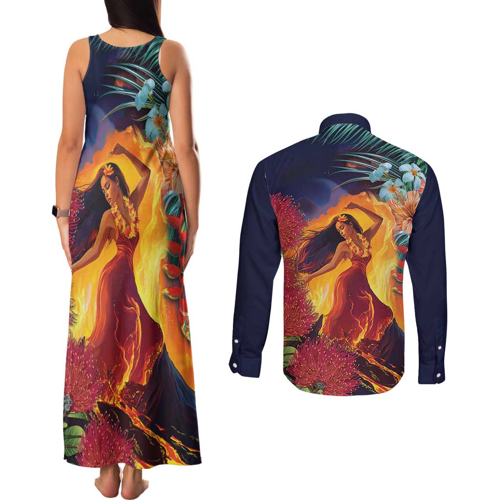 Hawaii Kilauea Big Islands Couples Matching Tank Maxi Dress and Long Sleeve Button Shirt Pele Goddess With Tropical Flowers LT14 - Polynesian Pride