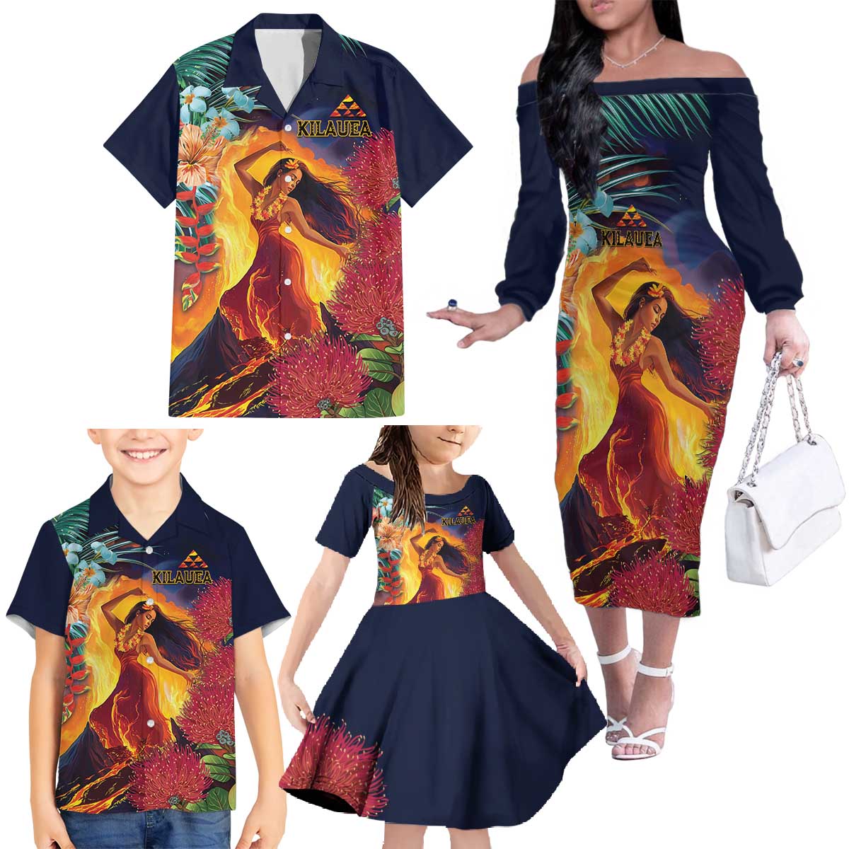 Hawaii Kilauea Big Islands Family Matching Off The Shoulder Long Sleeve Dress and Hawaiian Shirt Pele Goddess With Tropical Flowers LT14 - Polynesian Pride