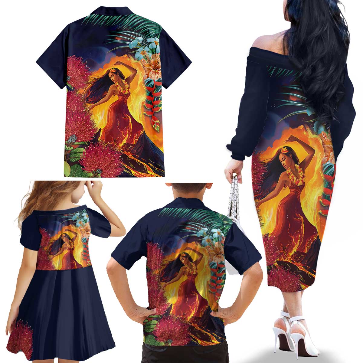 Hawaii Kilauea Big Islands Family Matching Off The Shoulder Long Sleeve Dress and Hawaiian Shirt Pele Goddess With Tropical Flowers LT14 - Polynesian Pride