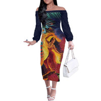 Hawaii Kilauea Big Islands Family Matching Off The Shoulder Long Sleeve Dress and Hawaiian Shirt Pele Goddess With Tropical Flowers LT14 Mom's Dress Art - Polynesian Pride