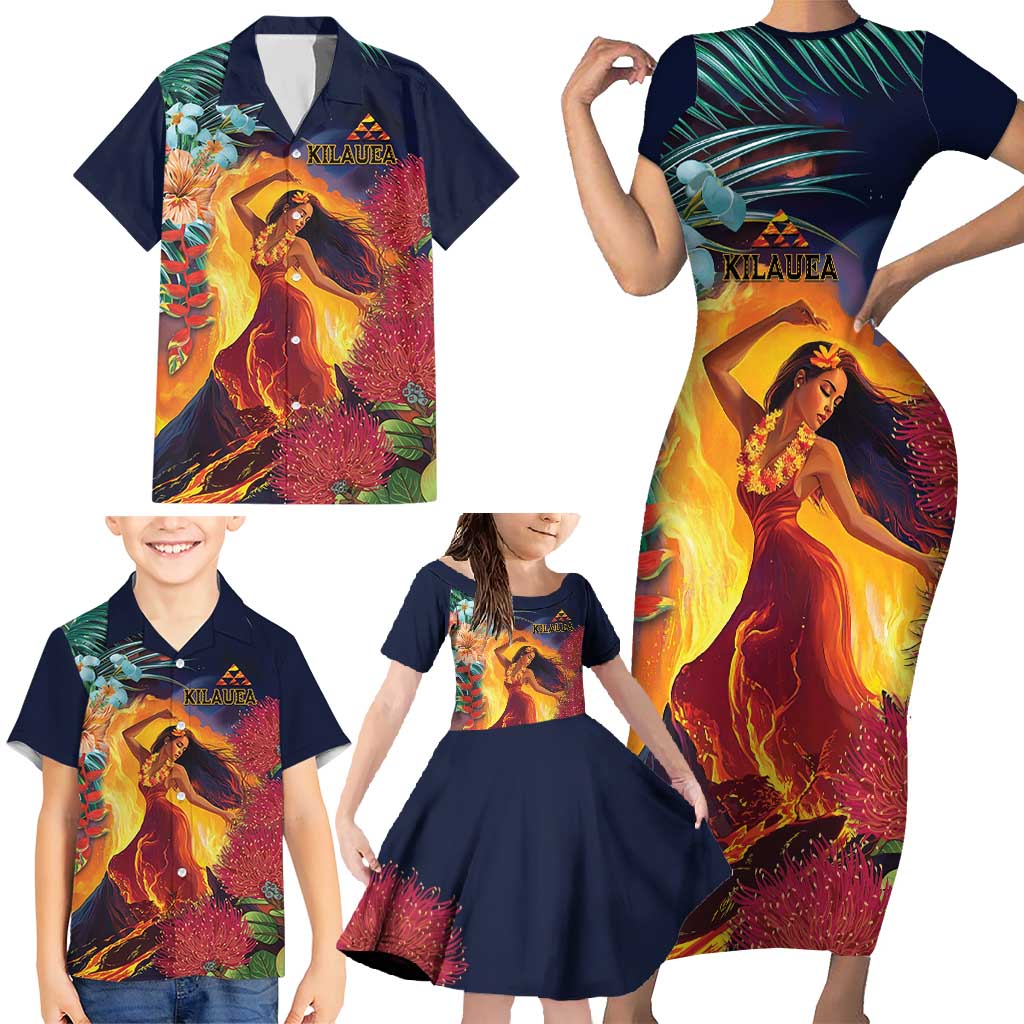 Hawaii Kilauea Big Islands Family Matching Short Sleeve Bodycon Dress and Hawaiian Shirt Pele Goddess With Tropical Flowers LT14 - Polynesian Pride