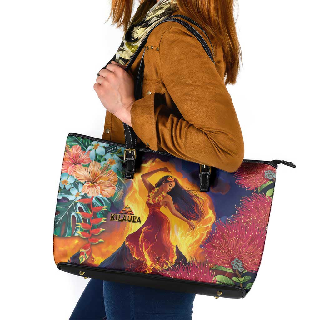 Hawaii Kilauea Big Islands Leather Tote Bag Pele Goddess With Tropical Flowers LT14 Art - Polynesian Pride