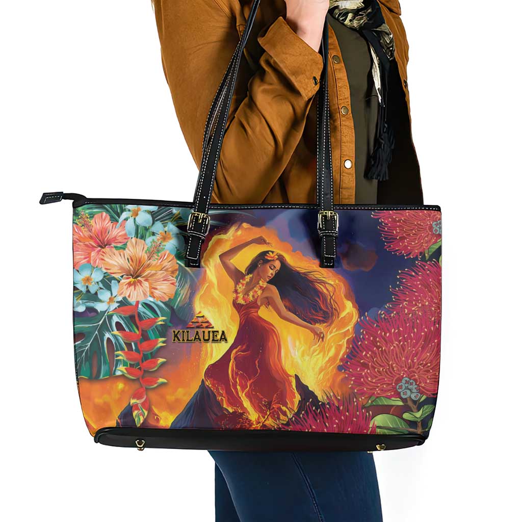 Hawaii Kilauea Big Islands Leather Tote Bag Pele Goddess With Tropical Flowers LT14 - Polynesian Pride