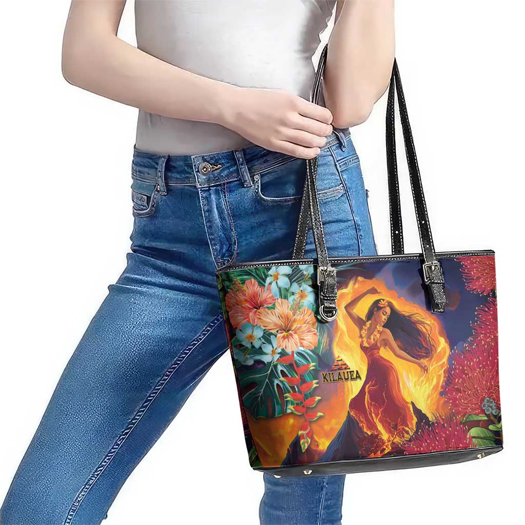 Hawaii Kilauea Big Islands Leather Tote Bag Pele Goddess With Tropical Flowers LT14 - Polynesian Pride