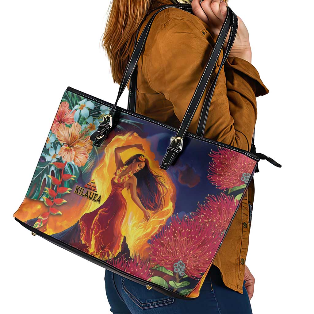 Hawaii Kilauea Big Islands Leather Tote Bag Pele Goddess With Tropical Flowers LT14 - Polynesian Pride