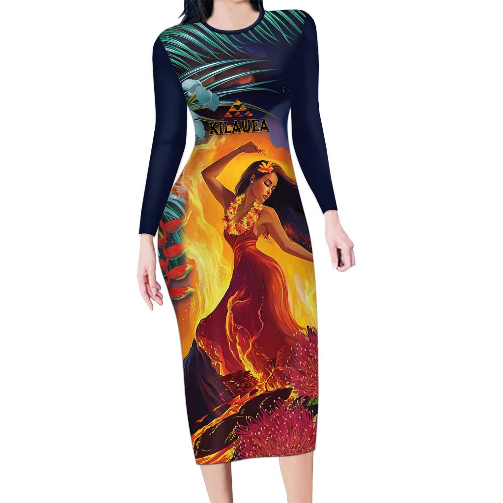 Hawaii Kilauea Big Islands Long Sleeve Bodycon Dress Pele Goddess With Tropical Flowers LT14 Long Dress Art - Polynesian Pride