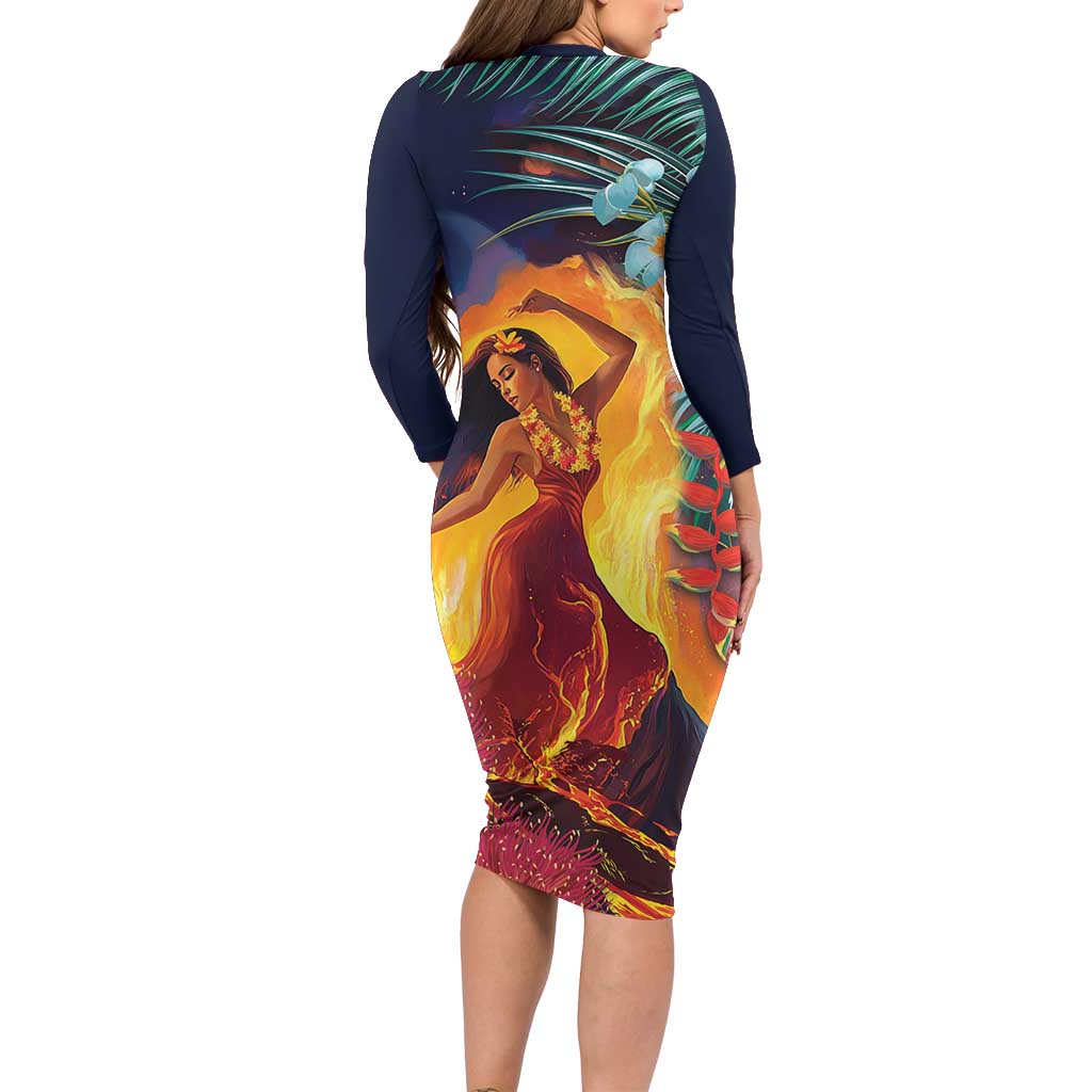 Hawaii Kilauea Big Islands Long Sleeve Bodycon Dress Pele Goddess With Tropical Flowers LT14 - Polynesian Pride