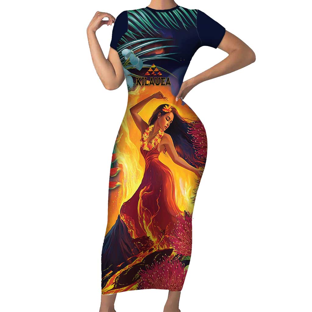 Hawaii Kilauea Big Islands Short Sleeve Bodycon Dress Pele Goddess With Tropical Flowers LT14 Long Dress Art - Polynesian Pride
