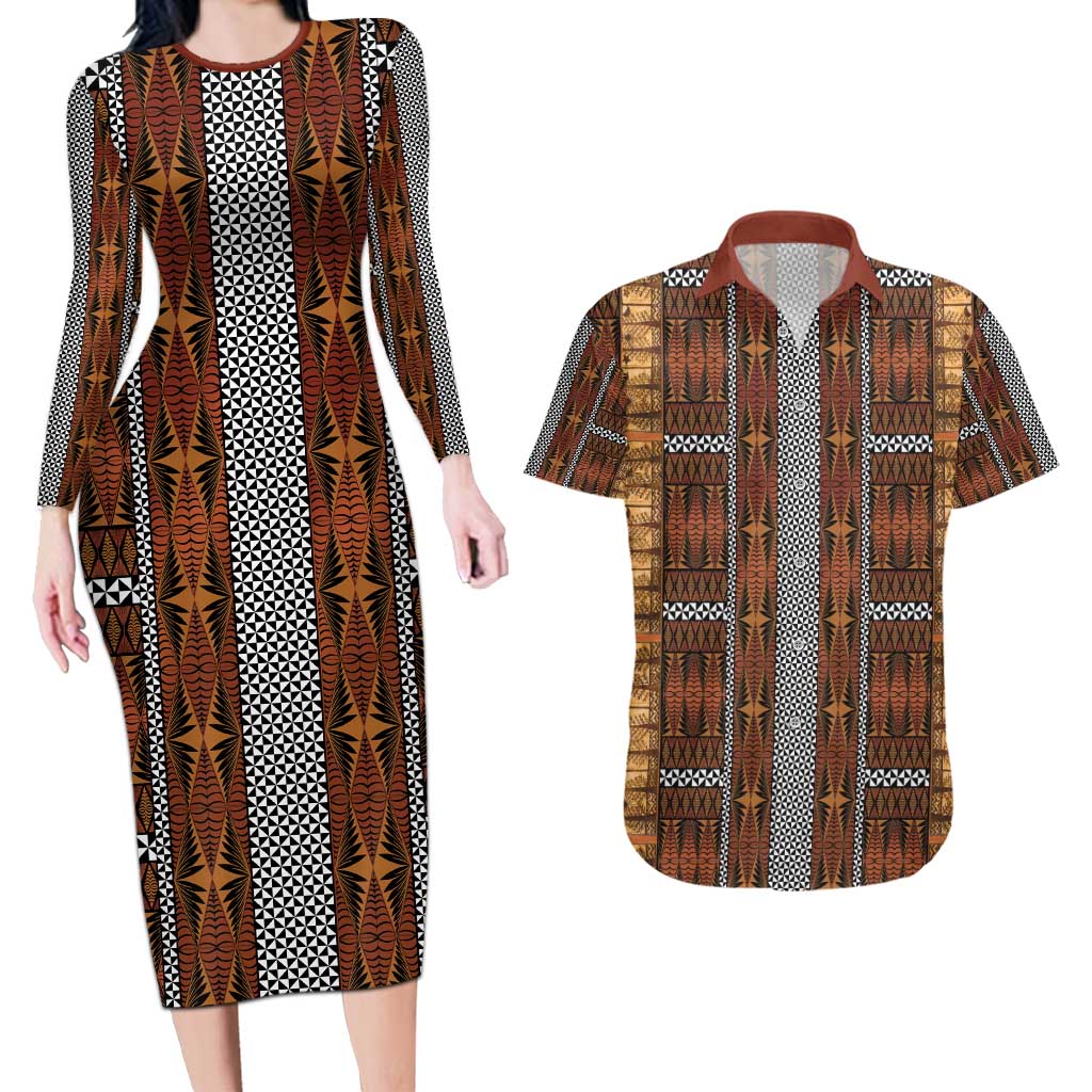 Malo e Lelei Tonga Couples Matching Long Sleeve Bodycon Dress and Hawaiian Shirt Tongan Ngatu Tapa Cloth LT14 Orange - Polynesian Pride