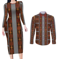 Malo e Lelei Tonga Couples Matching Long Sleeve Bodycon Dress and Long Sleeve Button Shirt Tongan Ngatu Tapa Cloth LT14 Orange - Polynesian Pride