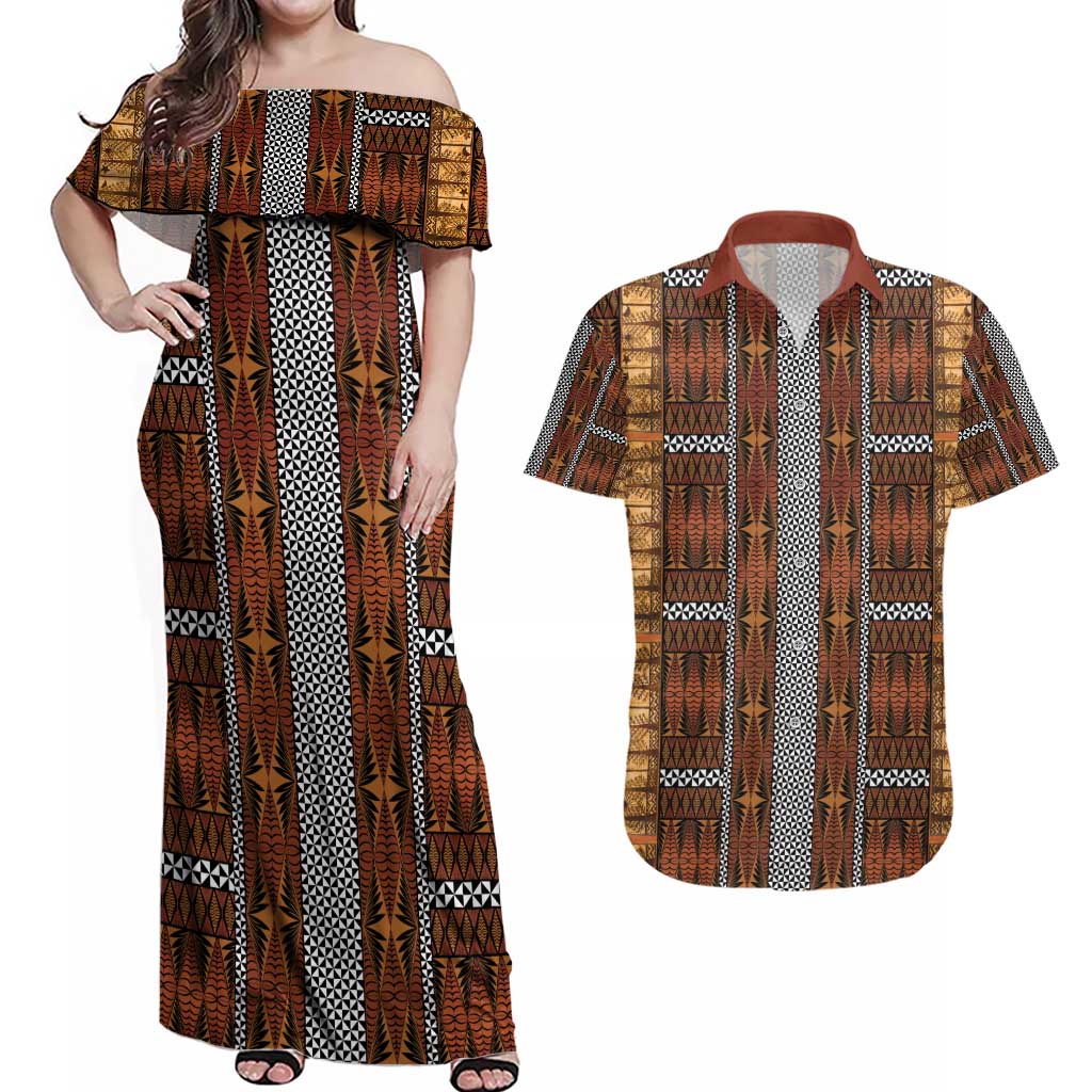 Malo e Lelei Tonga Couples Matching Off Shoulder Maxi Dress and Hawaiian Shirt Tongan Ngatu Tapa Cloth LT14 Orange - Polynesian Pride