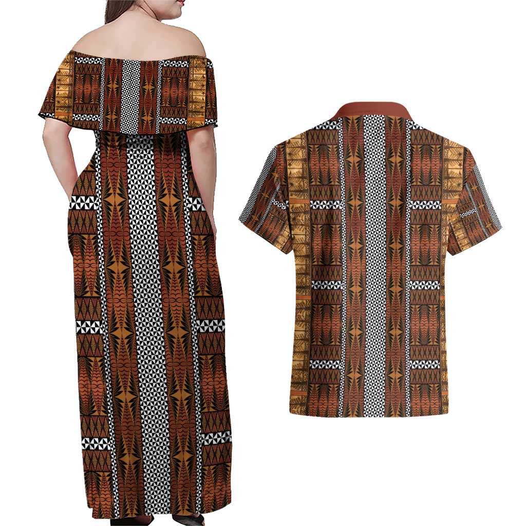 Malo e Lelei Tonga Couples Matching Off Shoulder Maxi Dress and Hawaiian Shirt Tongan Ngatu Tapa Cloth LT14 - Polynesian Pride