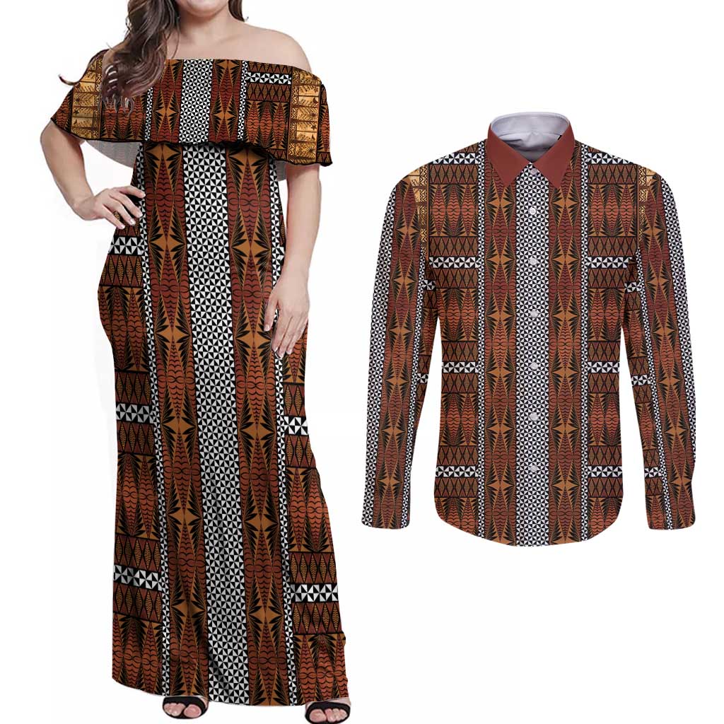 Malo e Lelei Tonga Couples Matching Off Shoulder Maxi Dress and Long Sleeve Button Shirt Tongan Ngatu Tapa Cloth LT14 Orange - Polynesian Pride