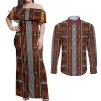 Malo e Lelei Tonga Couples Matching Off Shoulder Maxi Dress and Long Sleeve Button Shirt Tongan Ngatu Tapa Cloth LT14 Orange - Polynesian Pride
