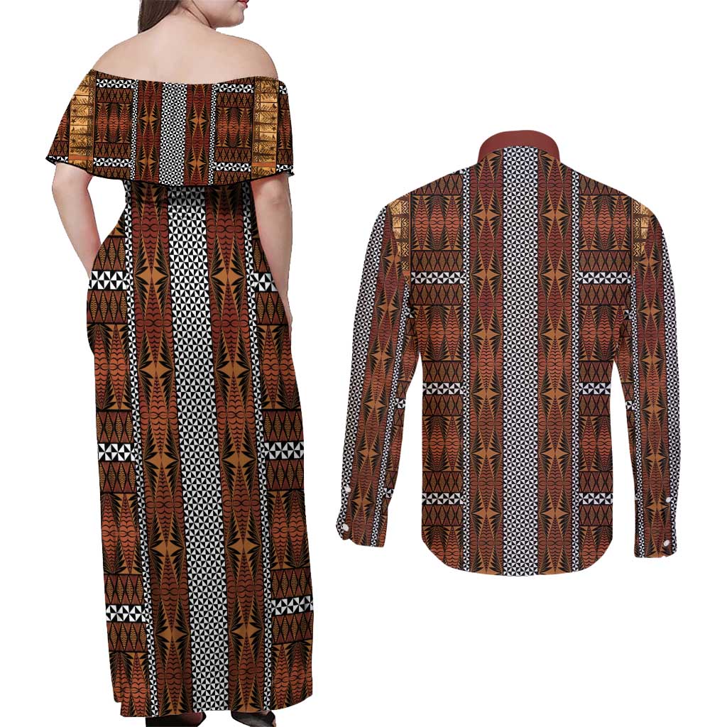 Malo e Lelei Tonga Couples Matching Off Shoulder Maxi Dress and Long Sleeve Button Shirt Tongan Ngatu Tapa Cloth LT14 - Polynesian Pride