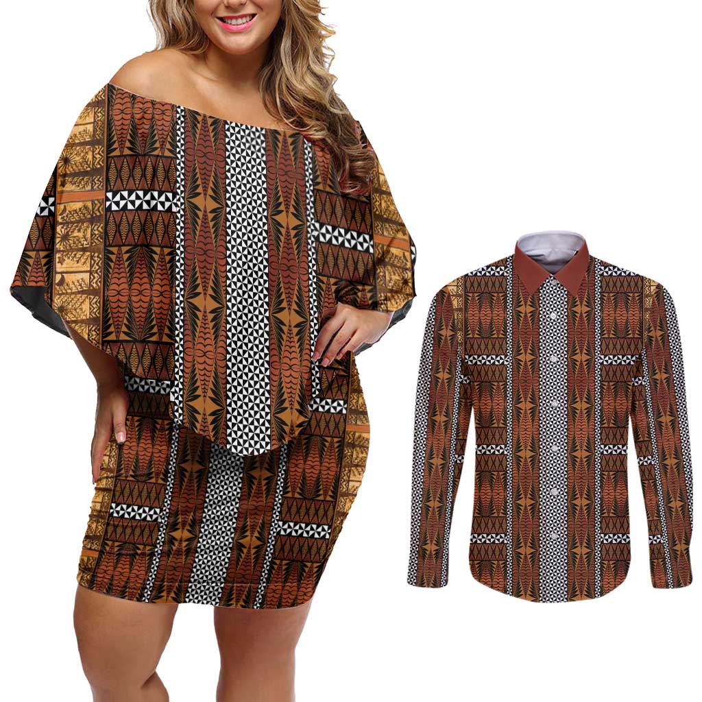 Malo e Lelei Tonga Couples Matching Off Shoulder Short Dress and Long Sleeve Button Shirt Tongan Ngatu Tapa Cloth LT14 Orange - Polynesian Pride