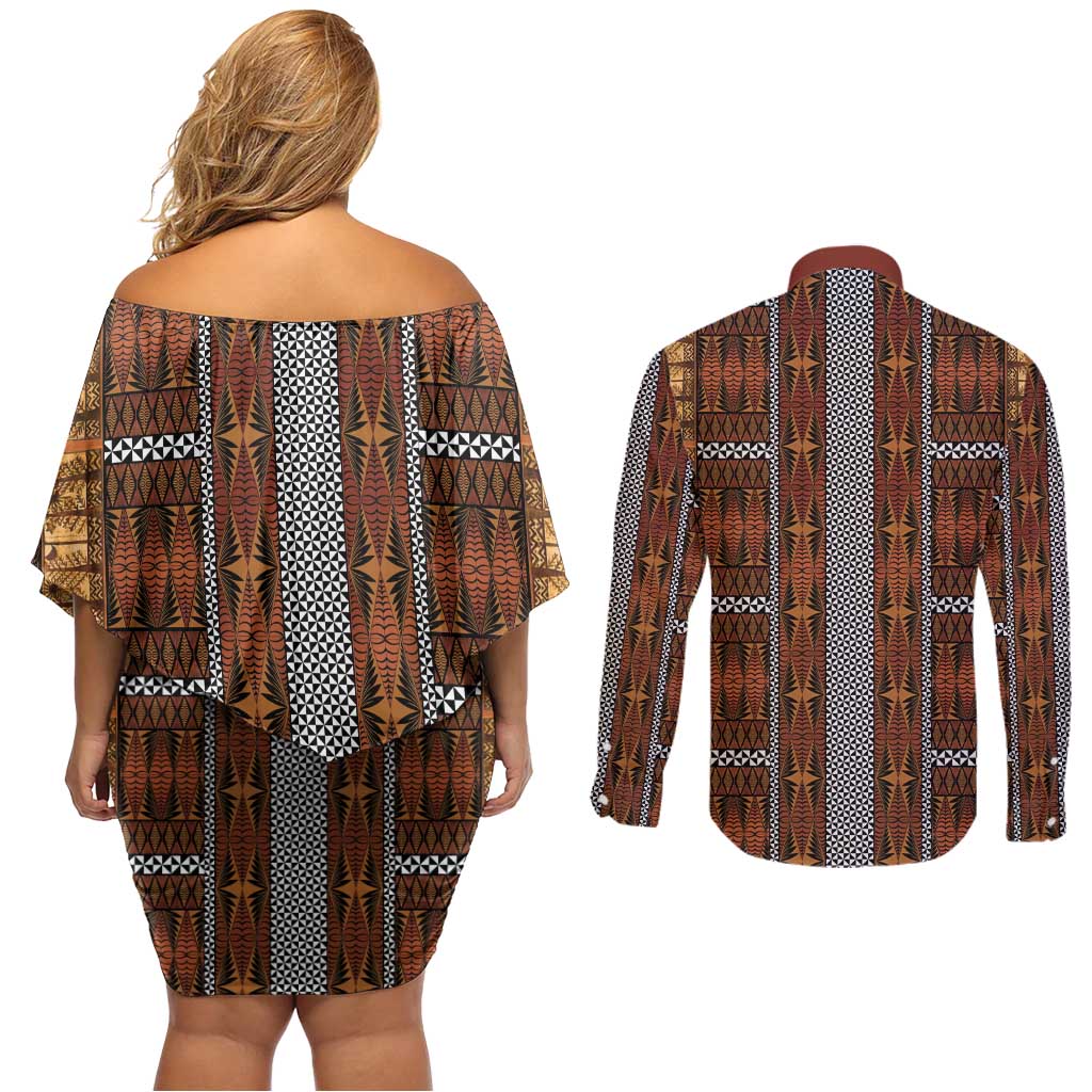 Malo e Lelei Tonga Couples Matching Off Shoulder Short Dress and Long Sleeve Button Shirt Tongan Ngatu Tapa Cloth LT14 - Polynesian Pride