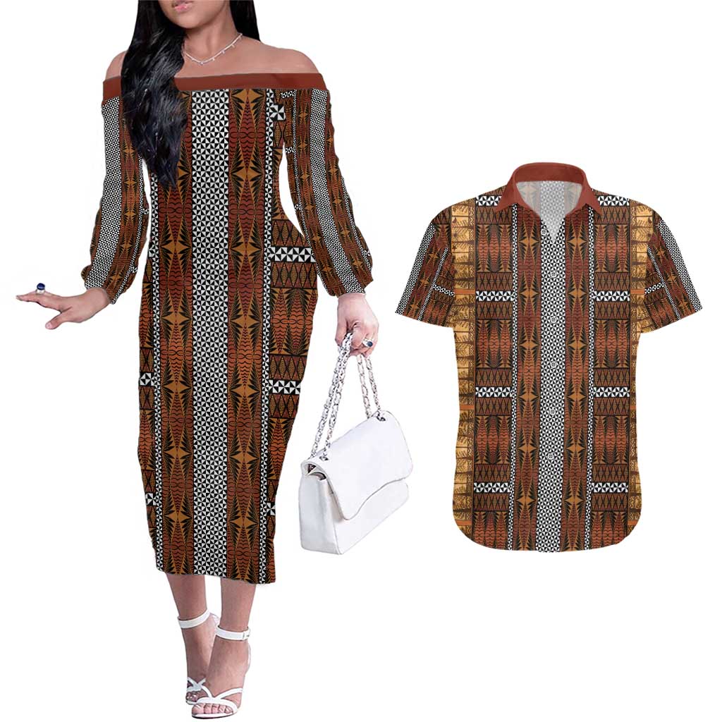 Malo e Lelei Tonga Couples Matching Off The Shoulder Long Sleeve Dress and Hawaiian Shirt Tongan Ngatu Tapa Cloth LT14 Orange - Polynesian Pride