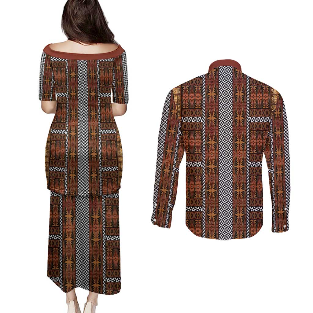 Malo e Lelei Tonga Couples Matching Puletasi and Long Sleeve Button Shirt Tongan Ngatu Tapa Cloth - Polynesian Pride