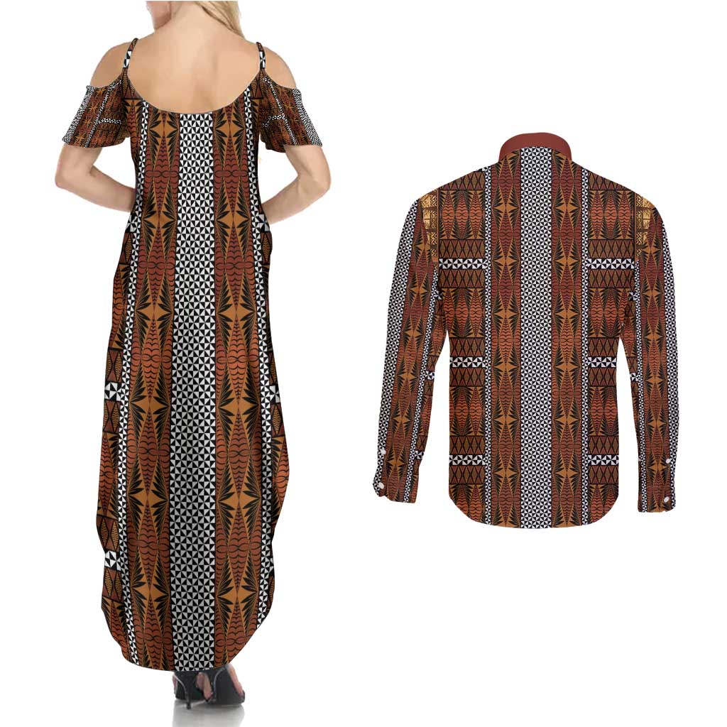 Malo e Lelei Tonga Couples Matching Summer Maxi Dress and Long Sleeve Button Shirt Tongan Ngatu Tapa Cloth LT14 - Polynesian Pride