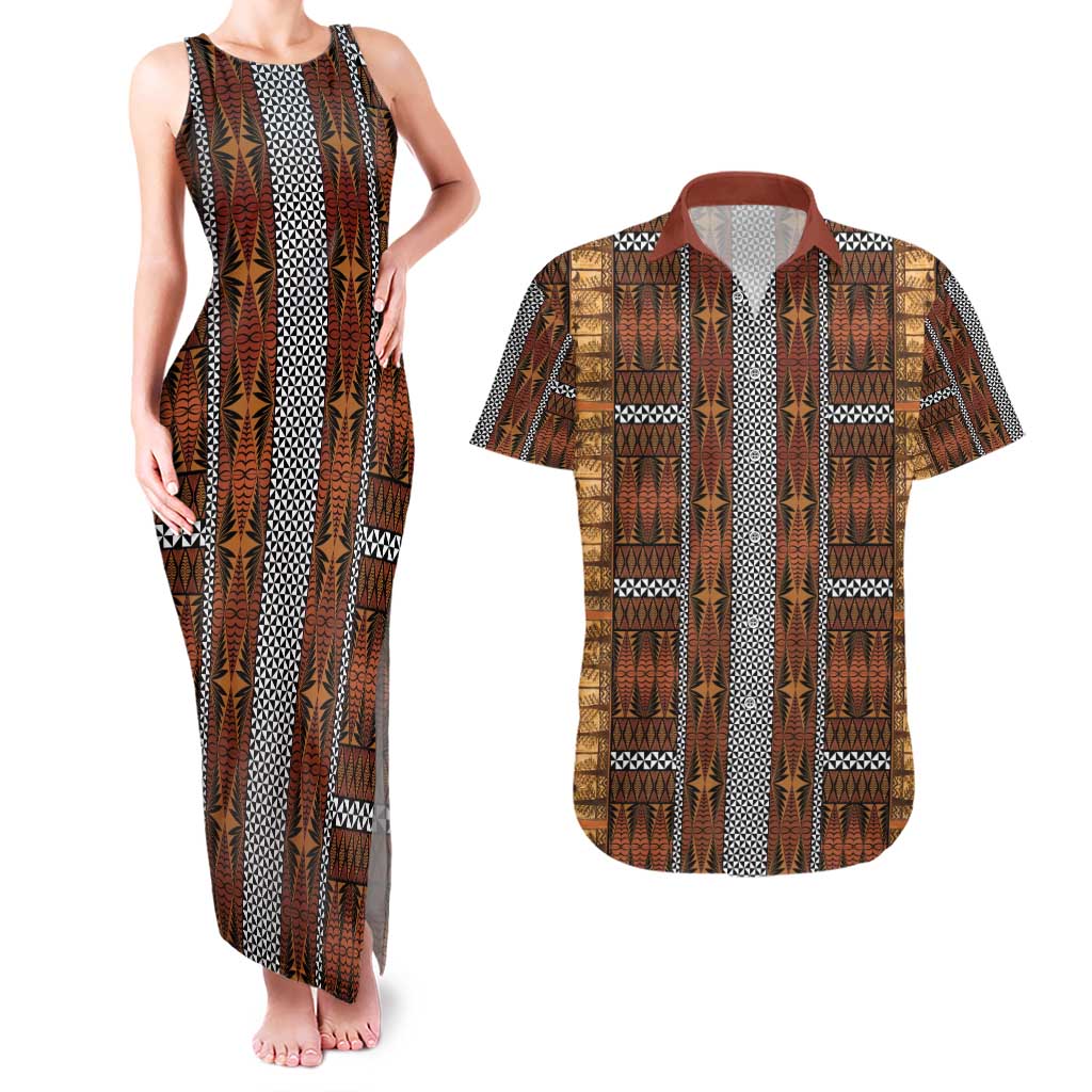 Malo e Lelei Tonga Couples Matching Tank Maxi Dress and Hawaiian Shirt Tongan Ngatu Tapa Cloth LT14 Orange - Polynesian Pride