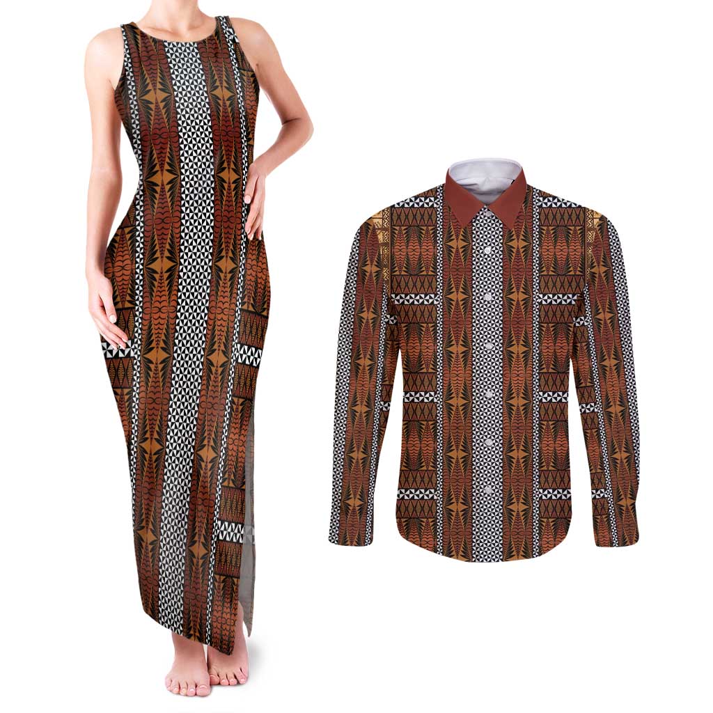 Malo e Lelei Tonga Couples Matching Tank Maxi Dress and Long Sleeve Button Shirt Tongan Ngatu Tapa Cloth - Polynesian Pride