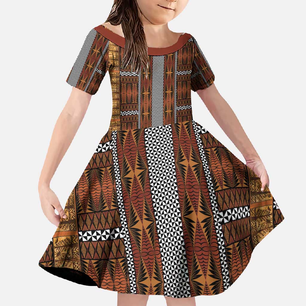 Malo e Lelei Tonga Family Matching Off Shoulder Maxi Dress and Hawaiian Shirt Tongan Ngatu Tapa Cloth LT14 Daughter's Dress Orange - Polynesian Pride