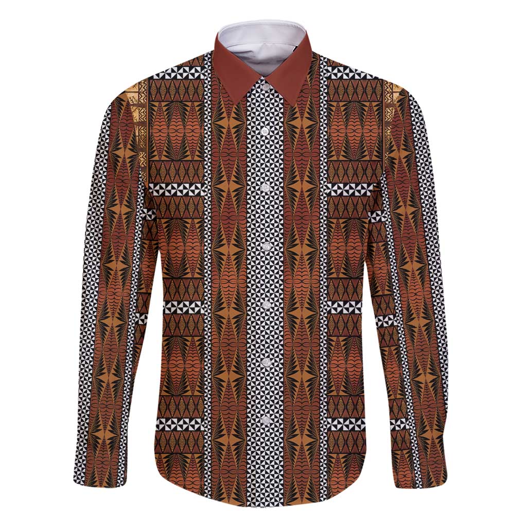 Malo e Lelei Tonga Family Matching Off Shoulder Maxi Dress and Hawaiian Shirt Tongan Ngatu Tapa Cloth LT14 Dad's Shirt - Long Sleeve Orange - Polynesian Pride