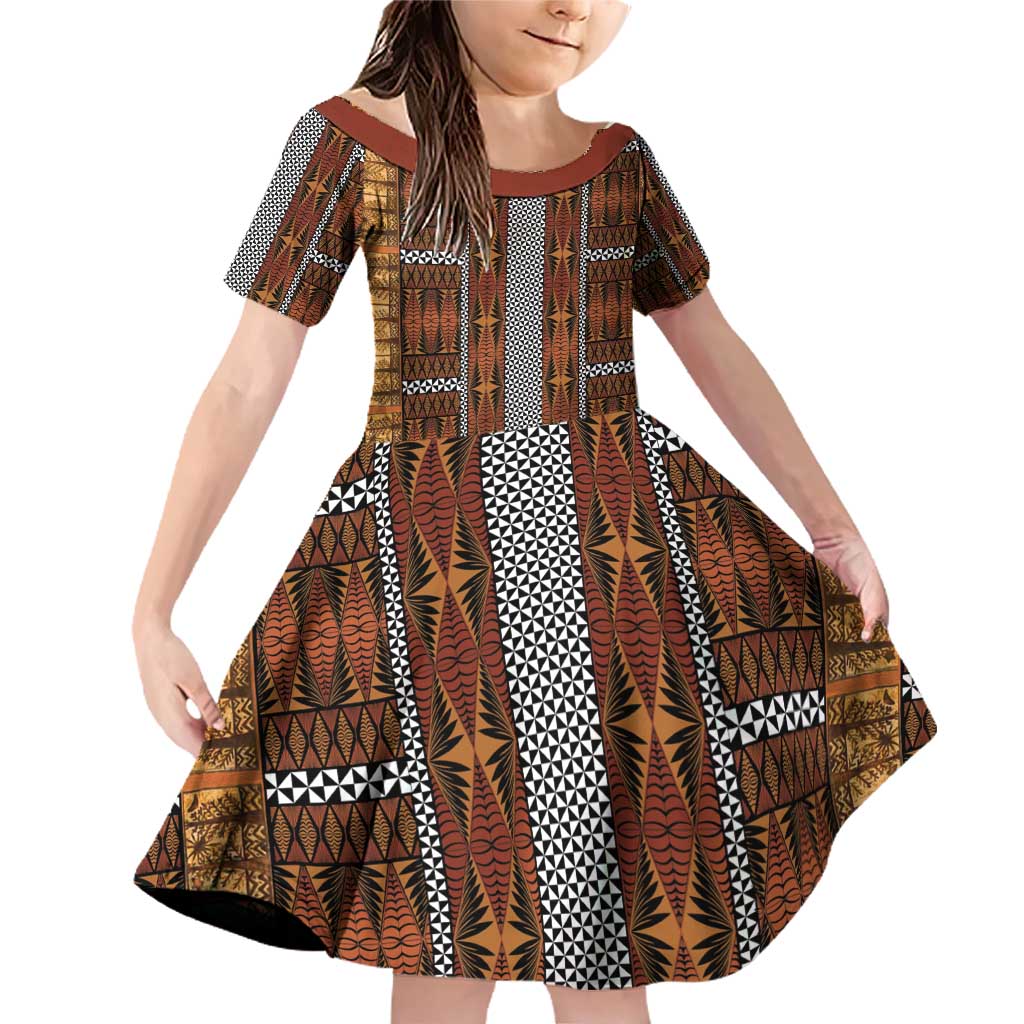Malo e Lelei Tonga Family Matching Off Shoulder Short Dress and Hawaiian Shirt Tongan Ngatu Tapa Cloth LT14 Daughter's Dress Orange - Polynesian Pride