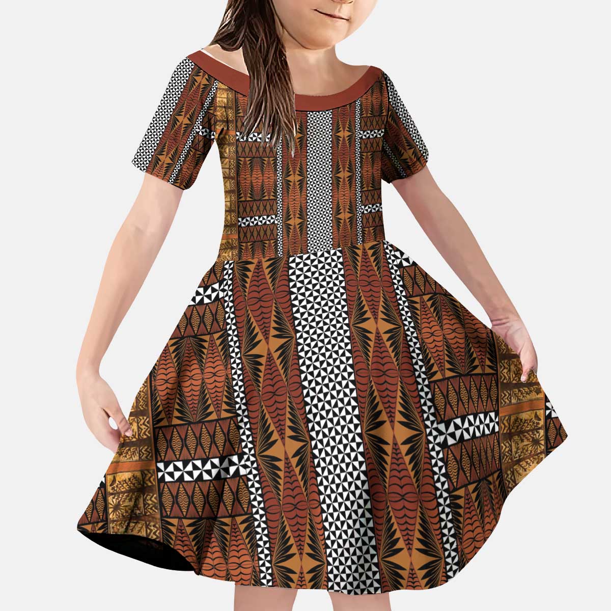 Malo e Lelei Tonga Kid Short Sleeve Dress Tongan Ngatu Tapa Cloth LT14 KID Orange - Polynesian Pride