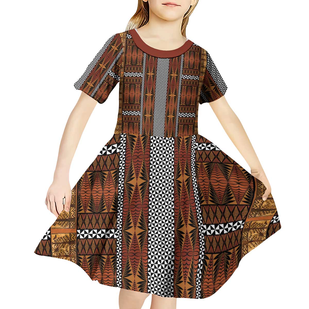 Malo e Lelei Tonga Kid Short Sleeve Dress Tongan Ngatu Tapa Cloth LT14 - Polynesian Pride