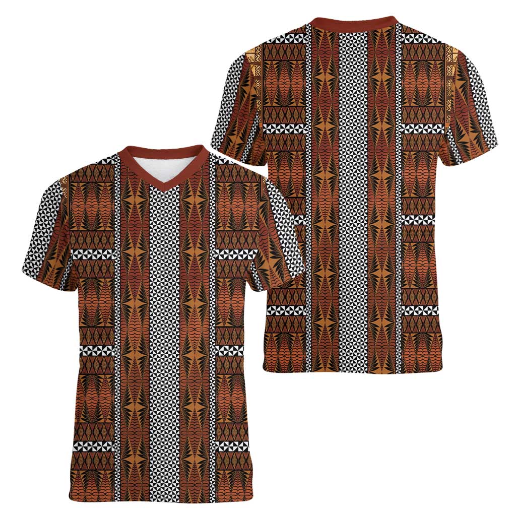 Malo e Lelei Tonga Women V-Neck T-Shirt Tongan Ngatu Tapa Cloth LT14 - Polynesian Pride