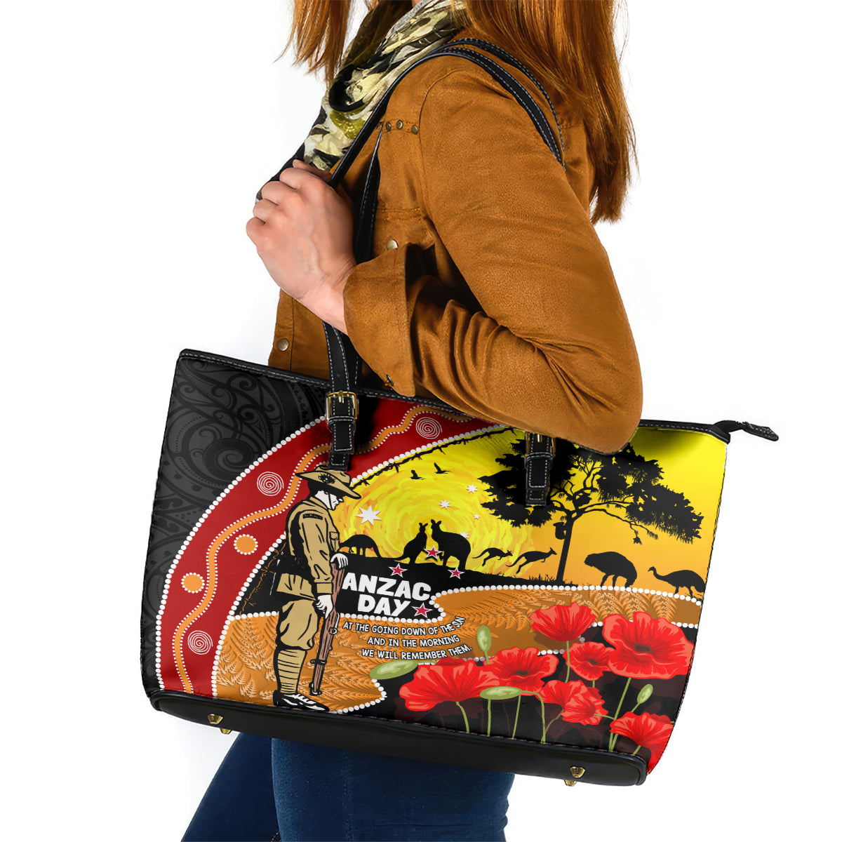 New Zealand And Australia ANZAC Day Leather Tote Bag Aboriginal Maori Starring Night Style LT14 Gold - Polynesian Pride