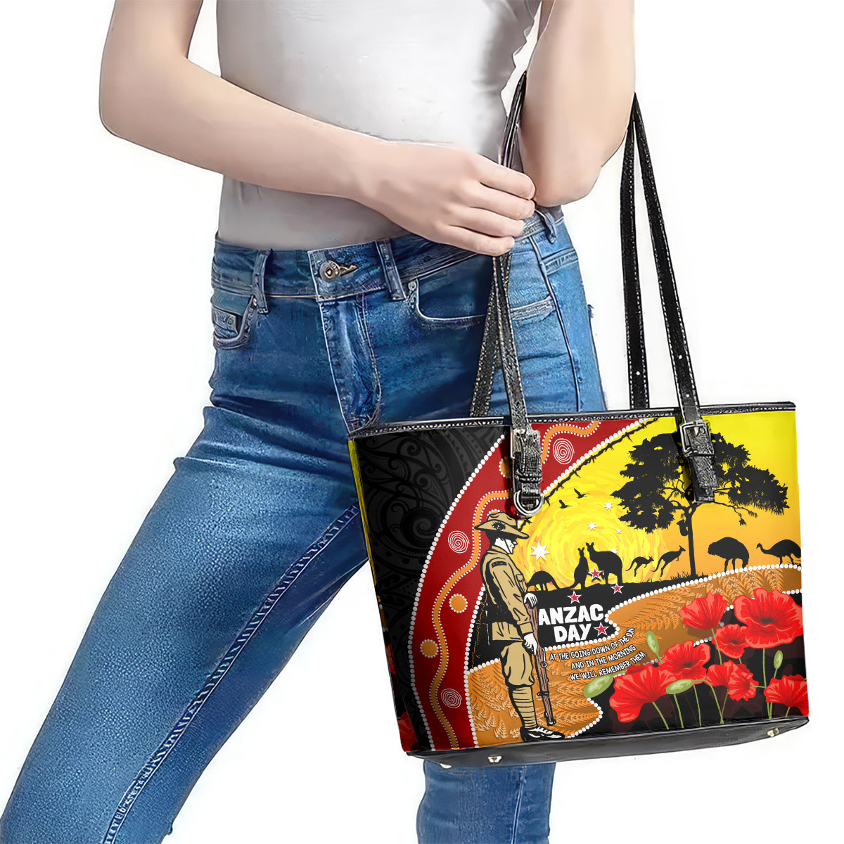 New Zealand And Australia ANZAC Day Leather Tote Bag Aboriginal Maori Starring Night Style LT14 - Polynesian Pride