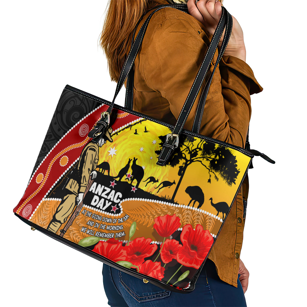 New Zealand And Australia ANZAC Day Leather Tote Bag Aboriginal Maori Starring Night Style LT14 - Polynesian Pride