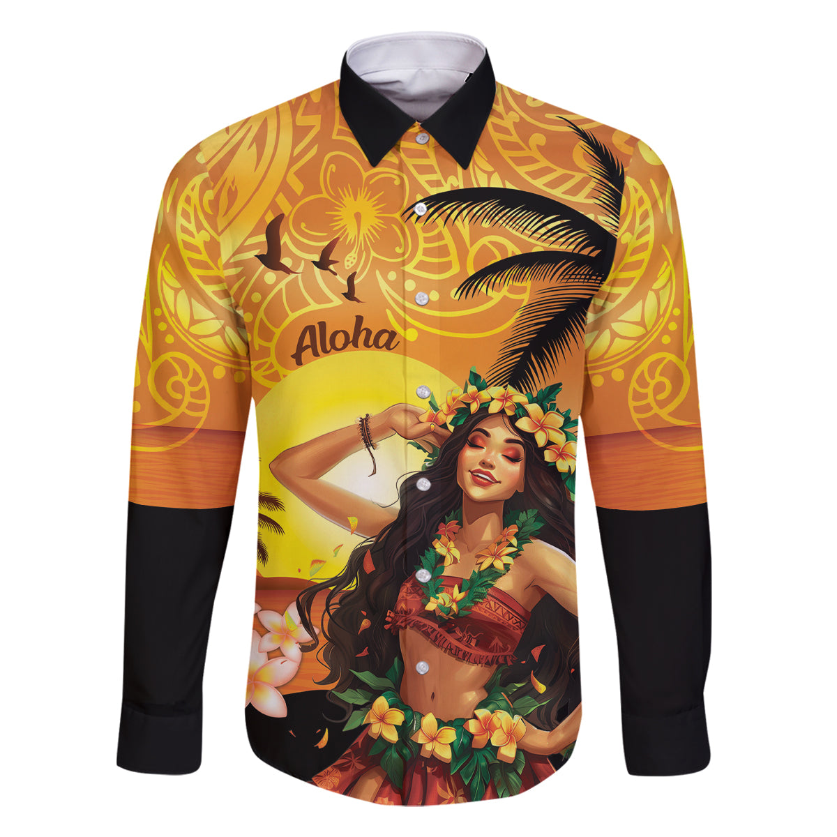 Aloha Hawaii Women's Day Family Matching Mermaid Dress and Hawaiian Shirt Hula Girl With Sunset Vibes LT14 Dad's Shirt - Long Sleeve Yellow - Polynesian Pride